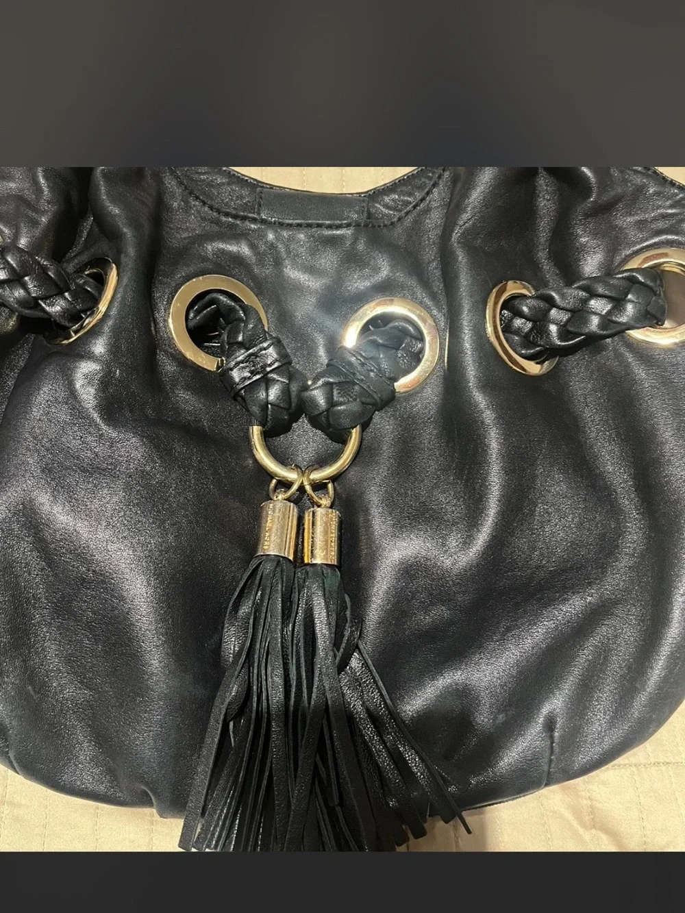 Black Braided Handle Tassel Hobo Bag